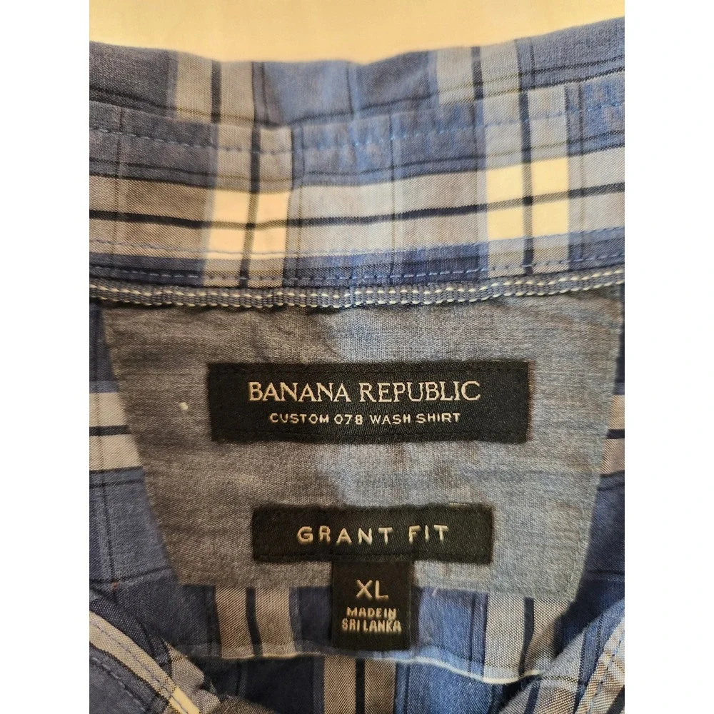 Banana Republic Mens XL Grant Fit Custom Wash Blue Plaid Cotton Button‎ Shirt